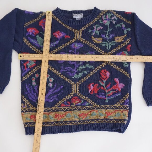 Vintage Crystal Petite Navy Floral Knit Sweater Grandmacore Eclectic Grandpa S - Picture 3 of 9